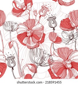  Vector seamless modern background with hand drawn poppies and poppy boxes