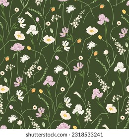 Vector Seamless Modern Floral Pattern on Dark Green Background