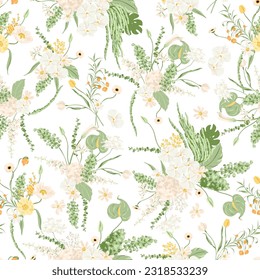 Vector Seamless Modern Floral Wedding Bouquets Pattern in Pastel Colors on White Background
