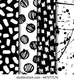 Vector seamless modern ink pattern set. Messy ink dry brush background with trendy shapes  brush stokes, spots and geometry shapes. Black and white artistic print. Great for wrapping paper