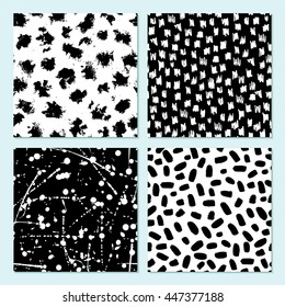 Vector seamless modern ink pattern set. Messy ink dry brush background with trendy shapes  brush stokes, spots and geometry shapes. Black and white artistic print. Great for wrapping paper