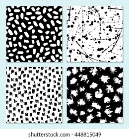 Vector seamless modern ink pattern set. Messy ink dry brush background with trendy shapes  brush stokes, spots and geometry shapes. Black and white artistic print. Great for wrapping paper