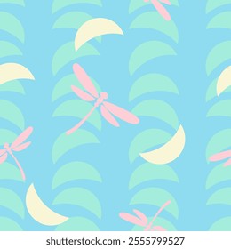 Vector seamless modern pattern of flying dragonflies with geometric background, pastel blue, yellow and pink.