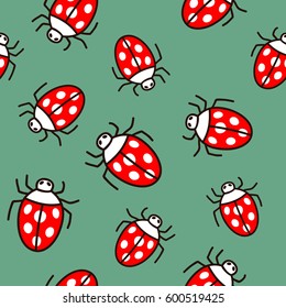 Vector seamless modern pattern. Repeating abstract background with hand drawn colorful ladybugs.