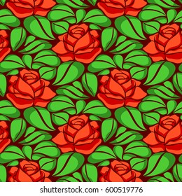 Vector seamless modern pattern. Repeating abstract background with red roses and green leaves on dark background.