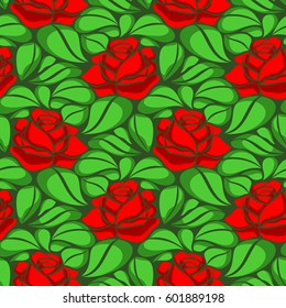 Vector seamless modern pattern. Repeating abstract background with red roses and green leaves on dark background.