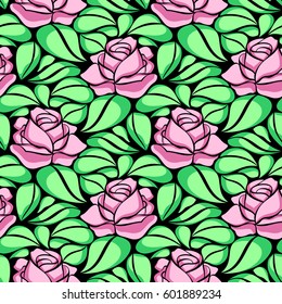 Vector seamless modern pattern. Repeating abstract background with pink roses and green leaves on black background.