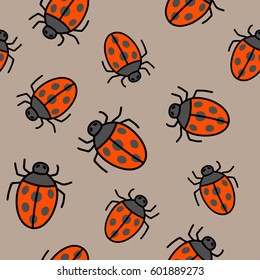 Vector seamless modern pattern. Repeating abstract background with hand drawn colorful ladybugs.