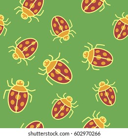 Vector seamless modern pattern. Repeating abstract background with hand drawn colorful ladybugs.