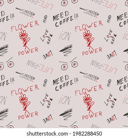 Vector seamless modern pattern with text, pen lettering, doodle, crooked handwriting, rock star words on beige background. Abstract fashion pattern print pattern in hand drawing style for boys.