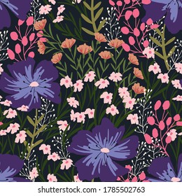 Vector seamless modern pattern with wild flowers. Decorative ornament backdrop for fabric, textile, wrapping paper, card, invitation, wallpaper, web, app, social media