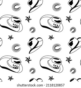 Vector seamless monchrome pattern with decorated cowboy hats,horseshoe and stars on white background.Hand drawn western design,wild west vibes for wrapping paper,fabrics,textile,prints,decoration