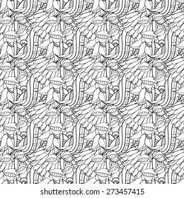 Vector Seamless Monochrome Background With Abstract Flowers. Hand Drawn Contour Lines 