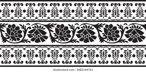 Vector seamless monochrome black Indian national ornament. Ethnic endless plant border. Flowers frame. Poppies and leaves.
