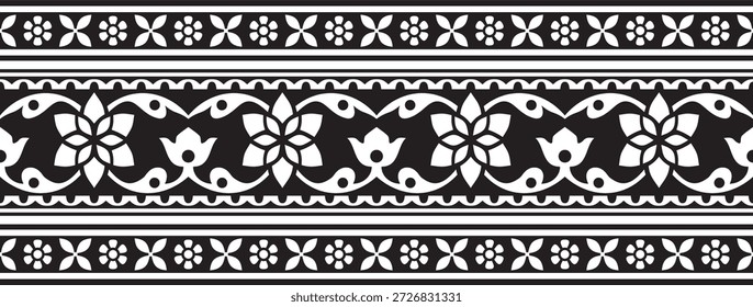 Vector sin costuras monocromo negro adorno nacional indio. Frontera vegetal étnica interminable. Marco de flores. Amapolas y hojas.
