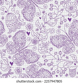 Vector seamless monochrome drawing in a school checkered notebook with butterflies and hearts