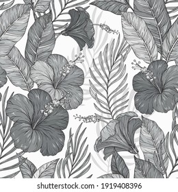 Vector Seamless monochrome exotic pattern with tropical leaves. Tropical flowers and plants