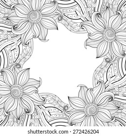 Vector Seamless Monochrome Floral Background. Hand Drawn Decorative Flowers, Coloring Book