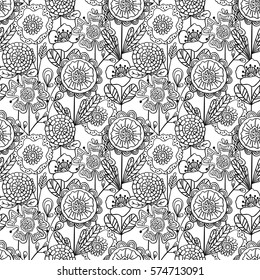 Vector seamless monochrome floral background. Hand drawn doodle flowers pattern for coloring book, textile design, wallpaper, scrapbooking.