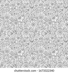 Vector Seamless Monochrome Floral Pattern. Hand Drawn Floral Texture, Decorative Flowers, Coloring Book
