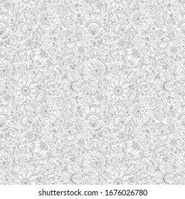 Vector Seamless Monochrome Floral Pattern. Hand Drawn Floral Texture, Decorative Flowers, Coloring Book