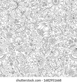 Vector Seamless Monochrome Floral Pattern. Hand Drawn Floral Texture, Decorative Flowers, Coloring Book