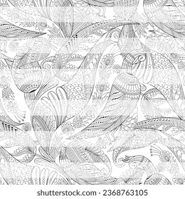 Vector Seamless Monochrome Floral Pattern. Hand Drawn Floral Texture, Decorative Flowers, Coloring Book