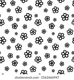 Vector Seamless Monochrome Floral Pattern. Hand Drawn Simple Background. Isolated on white background.