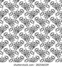 Vector Seamless Monochrome Floral Pattern. Hand Drawn Floral Texture, Decorative Flowers, Coloring Book