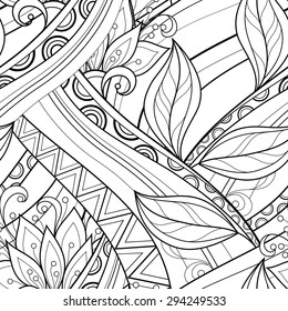 Vector Seamless Monochrome Floral Pattern. Hand Drawn Floral Texture, Decorative Flowers, Coloring Book