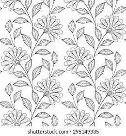 Patrón floral monocromo sin fisuras del vector. Textura floral dibujada a mano, flores decorativas, libro coloreado