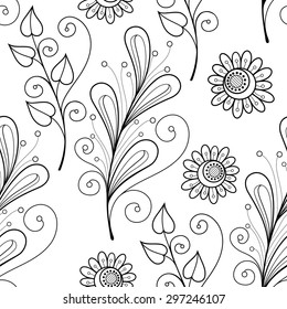 Vector Seamless Monochrome Floral Pattern. Hand Drawn Floral Texture, Decorative Flowers, Coloring Book