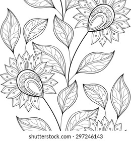 Vector Seamless Monochrome Floral Pattern. Hand Drawn Floral Texture, Decorative Flowers, Coloring Book