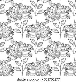 Vector Seamless Monochrome Floral Pattern. Hand Drawn Floral Texture, Decorative Flowers, Coloring Book