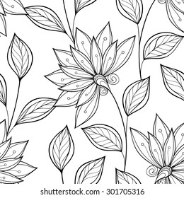 Vector Seamless Monochrome Floral Pattern. Hand Drawn Floral Texture, Decorative Flowers, Coloring Book