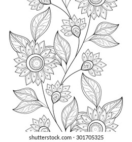 Vector Seamless Monochrome Floral Pattern. Hand Drawn Floral Texture, Decorative Flowers, Coloring Book