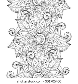 Vector Seamless Monochrome Floral Pattern. Hand Drawn Floral Texture, Decorative Flowers, Coloring Book