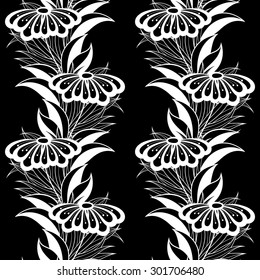 Vector Seamless Monochrome Floral Pattern. Hand Drawn Floral Texture, Decorative Flowers, Coloring Book