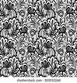 Vector Seamless Monochrome Floral Pattern. Hand Drawn Floral Texture, Decorative Flowers, Coloring Book