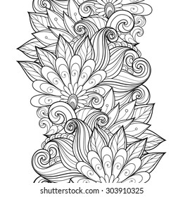 Vector Seamless Monochrome Floral Pattern. Hand Drawn Floral Texture, Decorative Flowers, Coloring Book