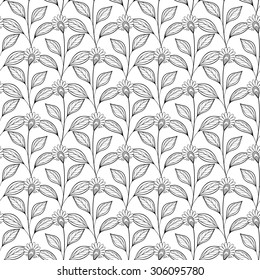 Vector Seamless Monochrome Floral Pattern. Hand Drawn Floral Texture, Decorative Flowers, Coloring Book