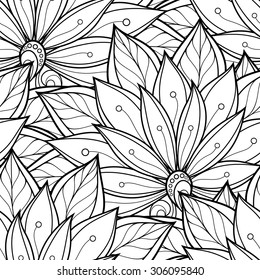 Vector Seamless Monochrome Floral Pattern. Hand Drawn Floral Texture, Decorative Flowers, Coloring Book