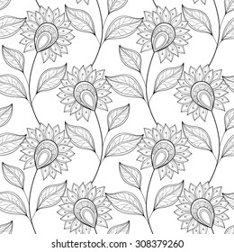 Vector Seamless Monochrome Floral Pattern. Hand Drawn Floral Texture, Decorative Flowers, Coloring Book