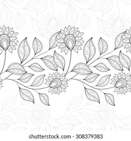 Vector Seamless Monochrome Floral Pattern. Hand Drawn Floral Texture, Decorative Flowers, Coloring Book