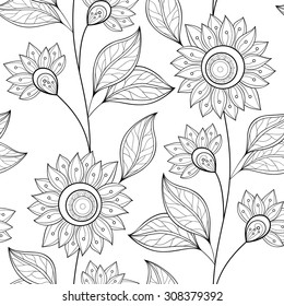 Vector Seamless Monochrome Floral Pattern. Hand Drawn Floral Texture, Decorative Flowers, Coloring Book