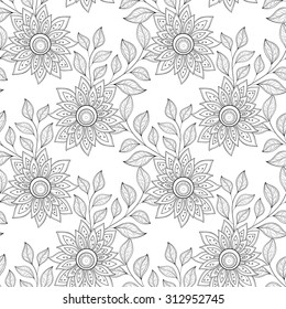 Vektor Nahtloses monochromes Blumenmuster. Handgezeichnete Blumentextur, dekorative Blumen, Malbuch