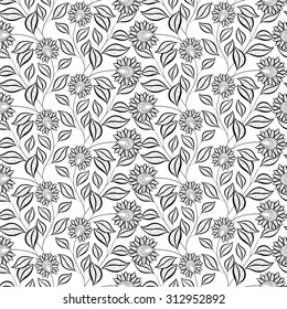 Vector Seamless Monochrome Floral Pattern. Hand Drawn Floral Texture, Decorative Flowers, Coloring Book