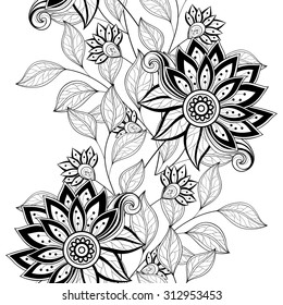 Vector Seamless Monochrome Floral Pattern. Hand Drawn Floral Texture, Decorative Flowers, Coloring Book