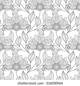 Vector Seamless Monochrome Floral Pattern. Hand Drawn Floral Texture, Decorative Flowers, Coloring Book