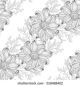 Vector Seamless Monochrome Floral Pattern. Hand Drawn Floral Texture, Decorative Flowers, Coloring Book